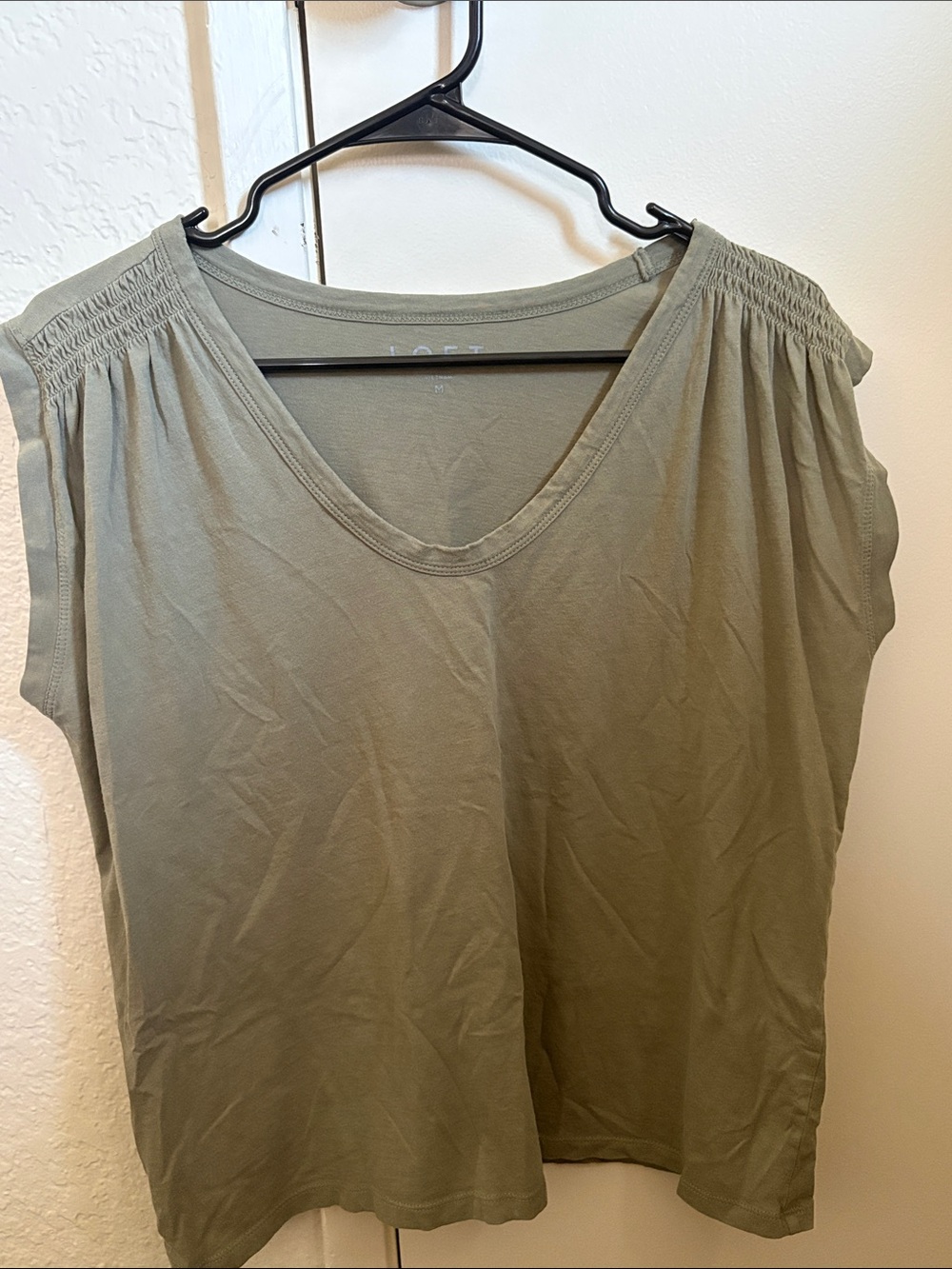 LOFT Olive Green V-Neck Smocked Shoulder Tank Top